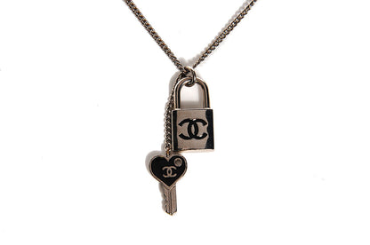 Chanel Enamel CC Padlock Heart Key Necklace Black Silver 1 of 4