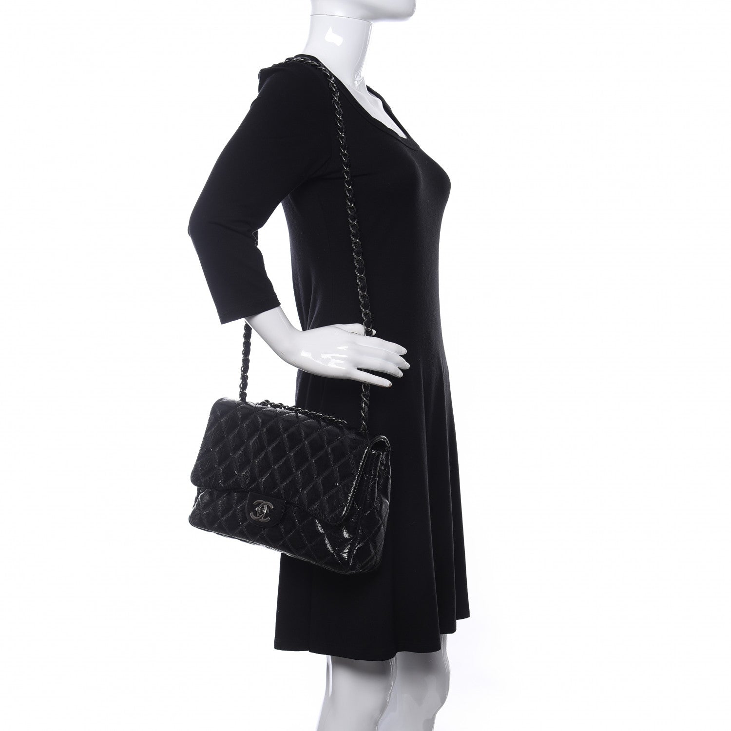 Chanel Crinkled Patent Quilted Jumbo Single Flap Black 2 of 10
