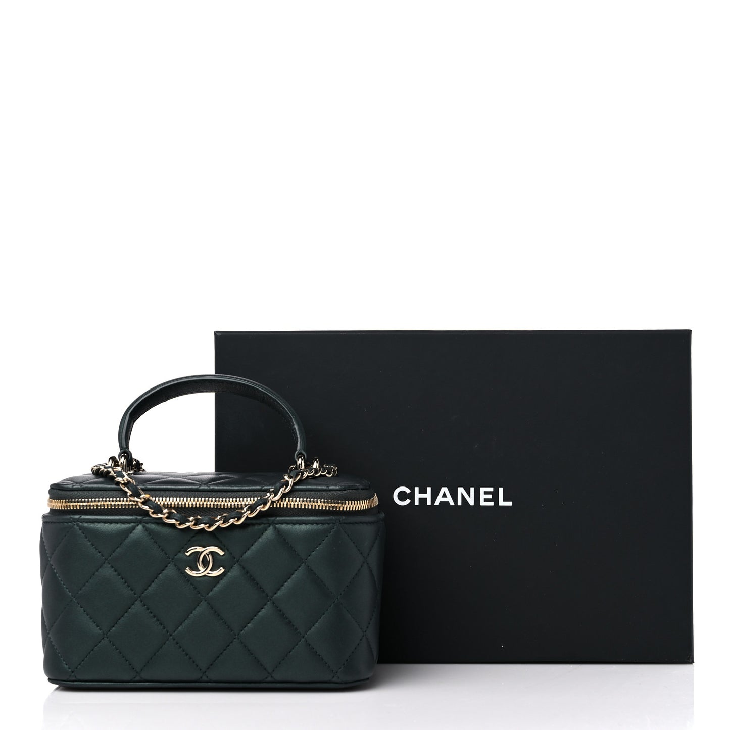 Iridescent Lambskin Quilted Small Top Handle Vanity Case With Chain Dark Green