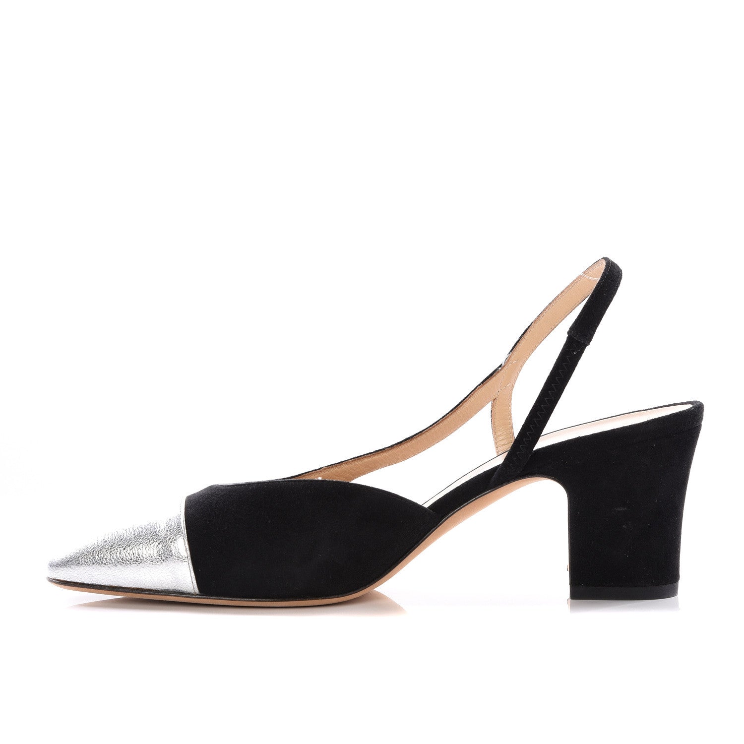 Chanel Kid Suede Metallic Lambskin Cap Toe CC Slingback Pumps 37.5 Black Silver 1 of 11