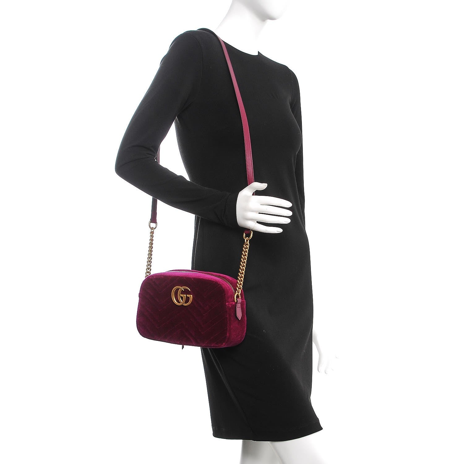 Gucci Velvet Matelasse Small GG Marmont Chain Shoulder Bag Fuchsia Violet Cyclamen 2 of 9