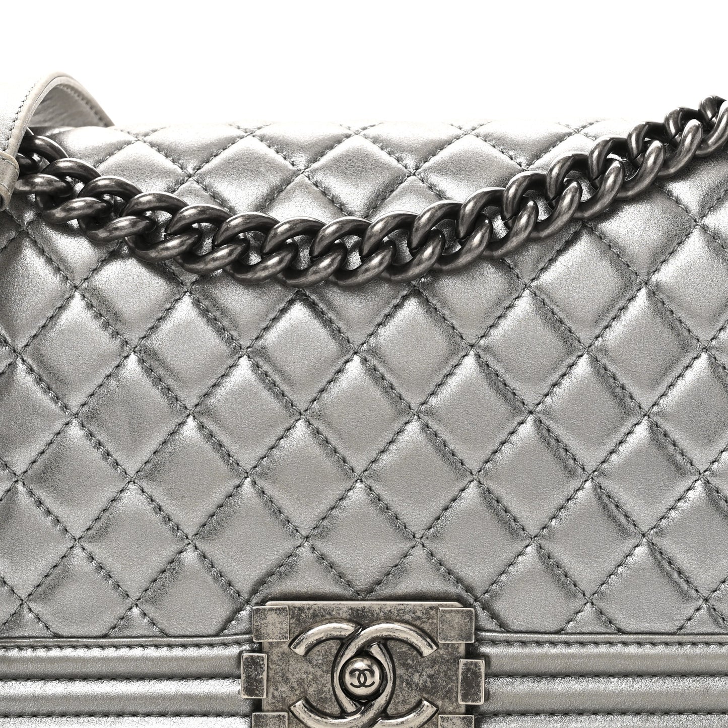 Metallic Lambskin Quilted Medium Boy Flap Silver