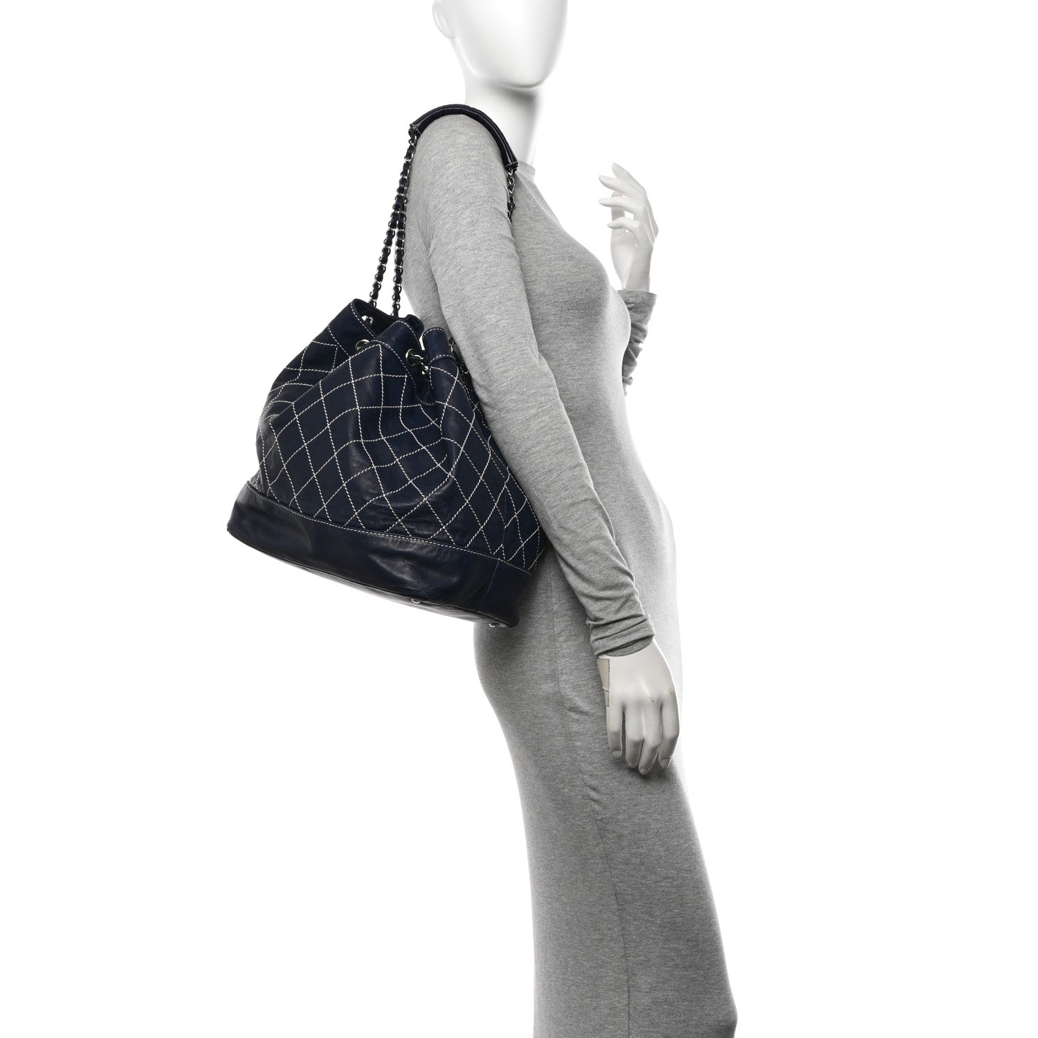 Chanel Lambskin Contrast Stitch Large Drawstring Tote Navy 2 of 12