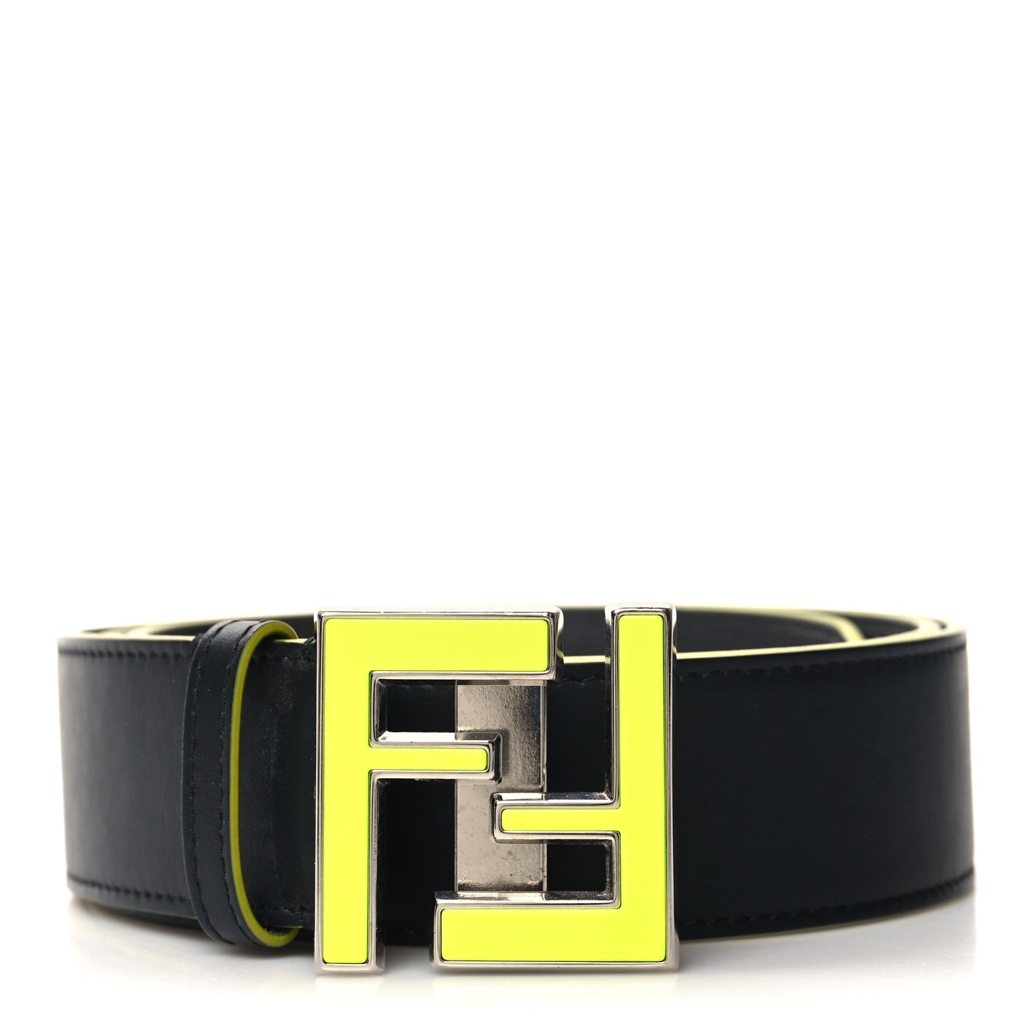Fendi Vitello Century Elite Enamel FF Buckle Belt 105 42 Black Giallo Fluo 1 of 6