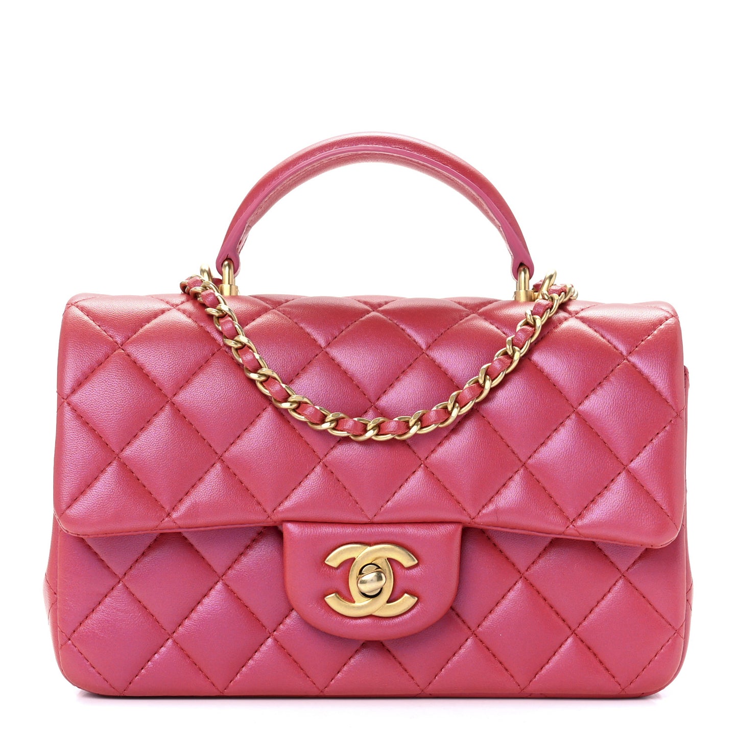 Iridescent Lambskin Quilted Mini Top Handle Rectangular Flap Red