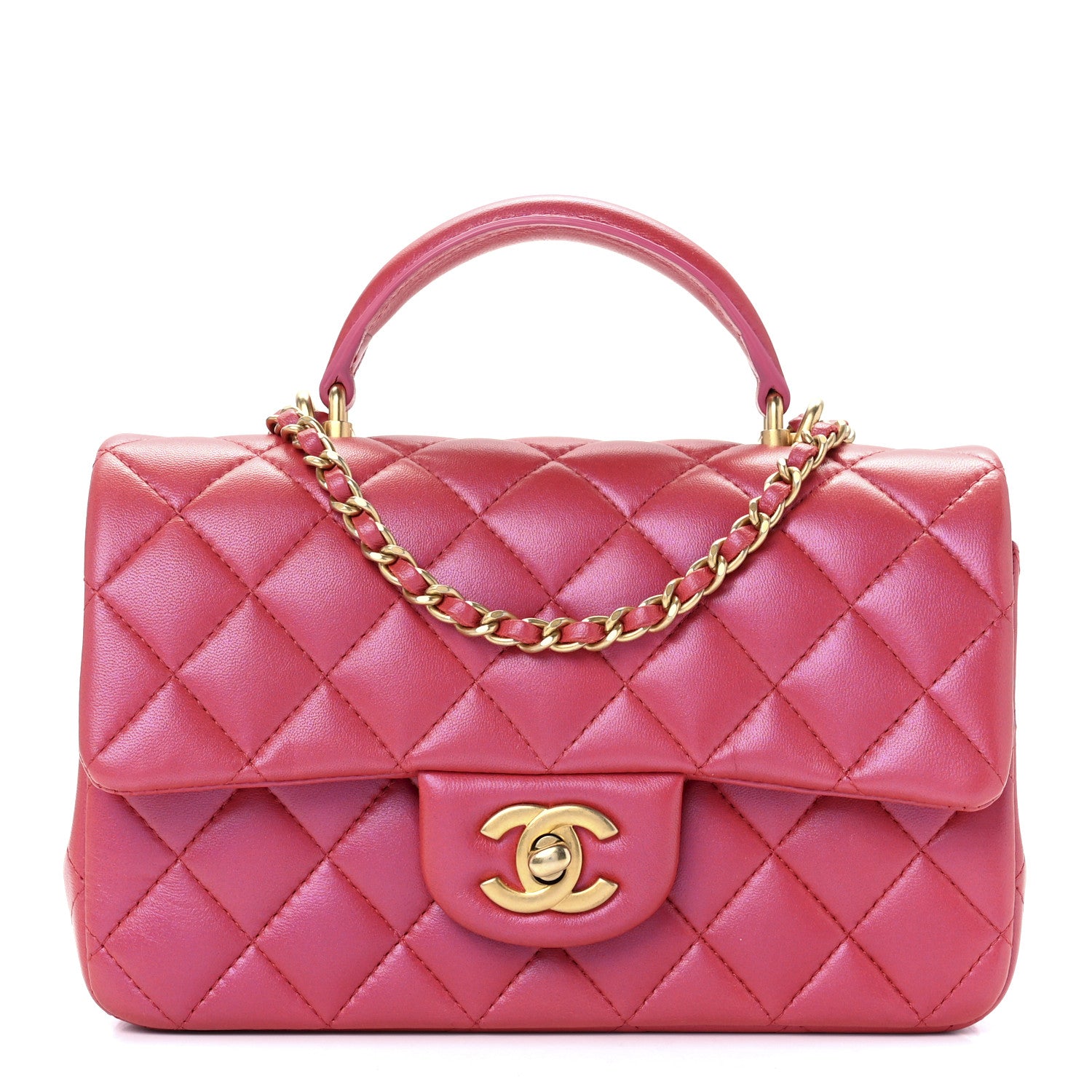 Chanel Iridescent Lambskin Quilted Mini Top Handle Rectangular Flap Red 1 of 13