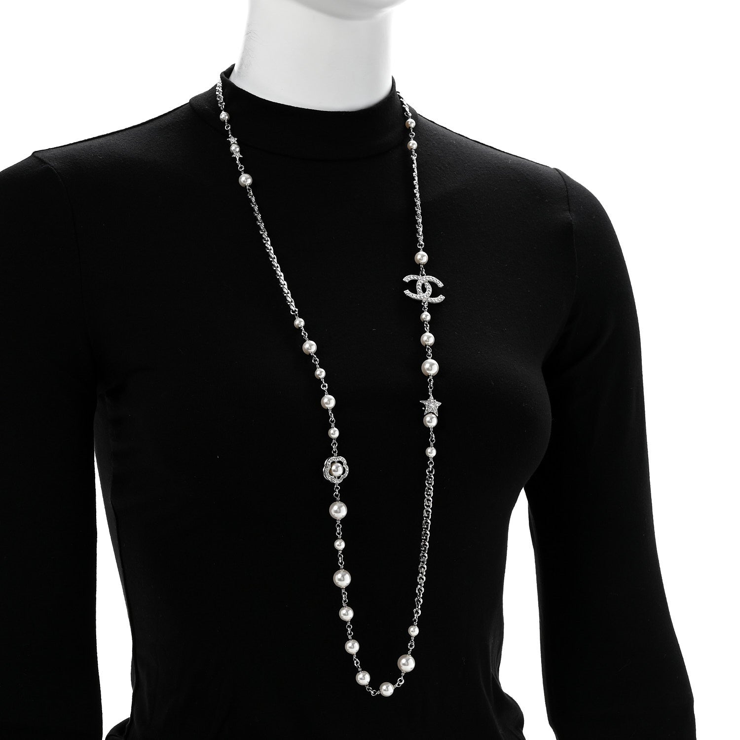 Chanel Pearl Crystal CC Starfall Necklace Silver 2 of 6