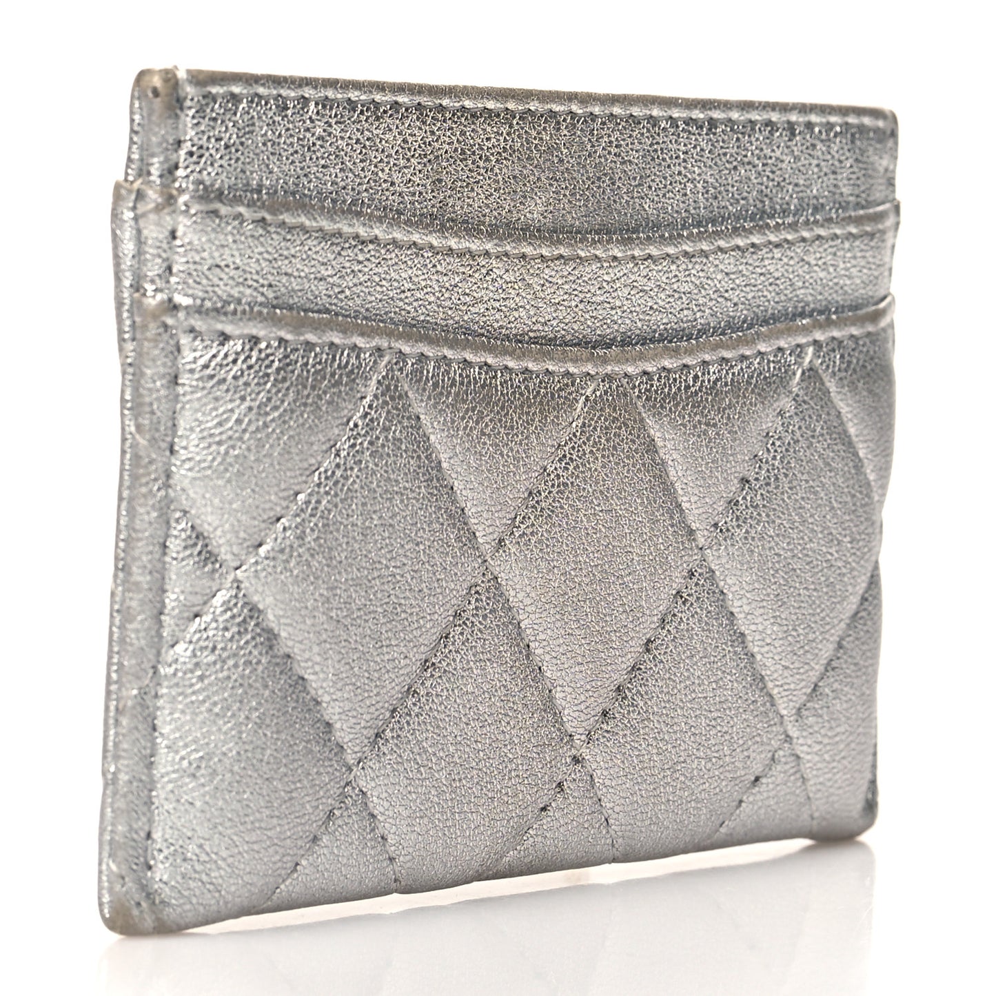Metallic Lambskin Quilted Card Holder Silver