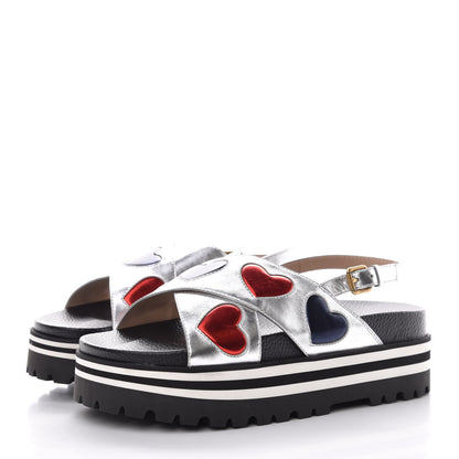 Gucci Metallic Nappa Silk Sunrise Heart Crossover Platform Lug Sole Sandals 39.5 Argento 3 of 9
