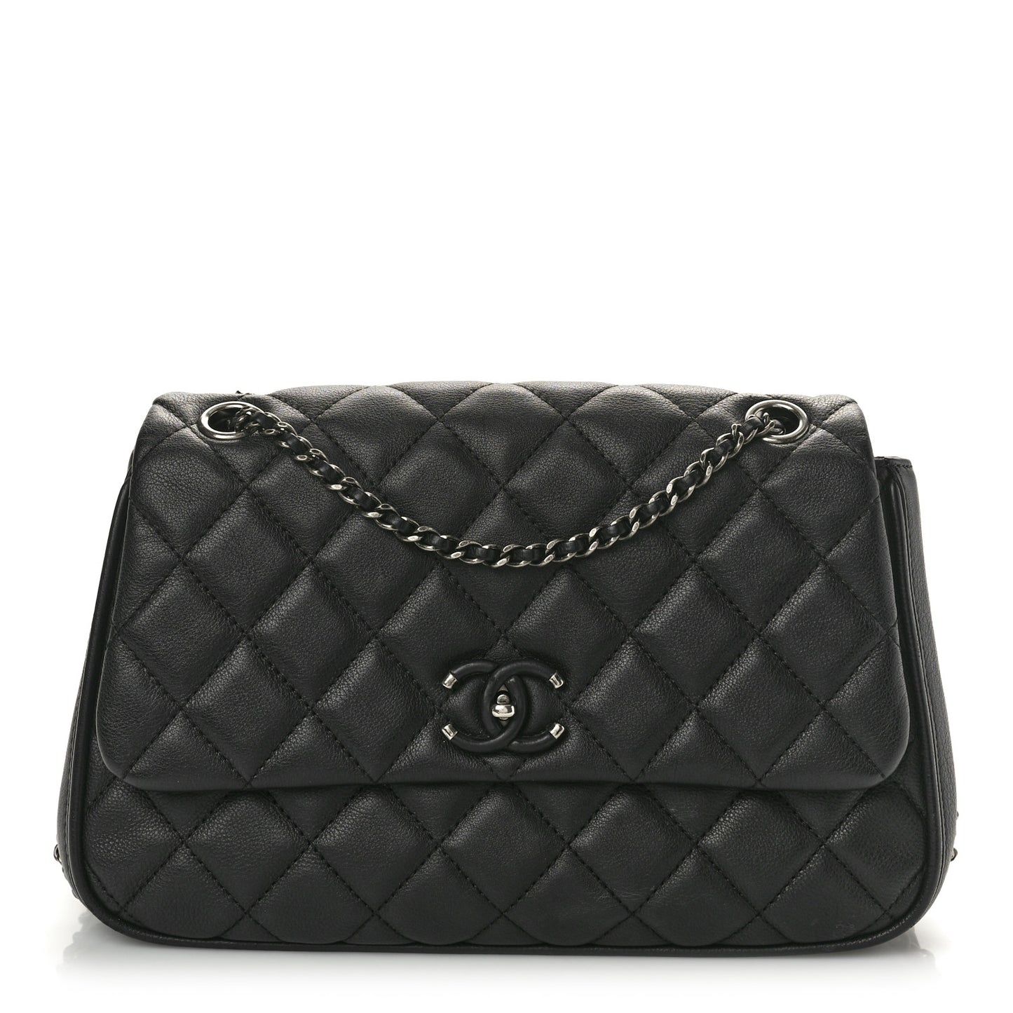 Calfskin Quilted Medium Frame in Chain Flap Black