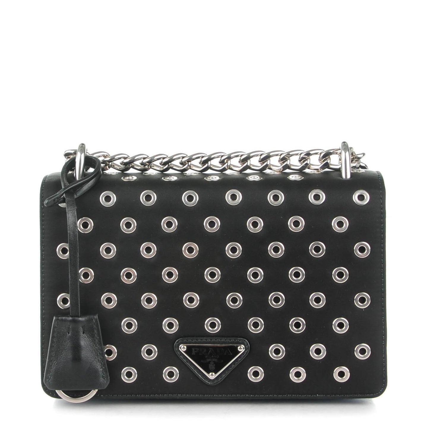 Tessuto Nylon Soft Calf Grommet Chain Shoulder Bag Nero Black