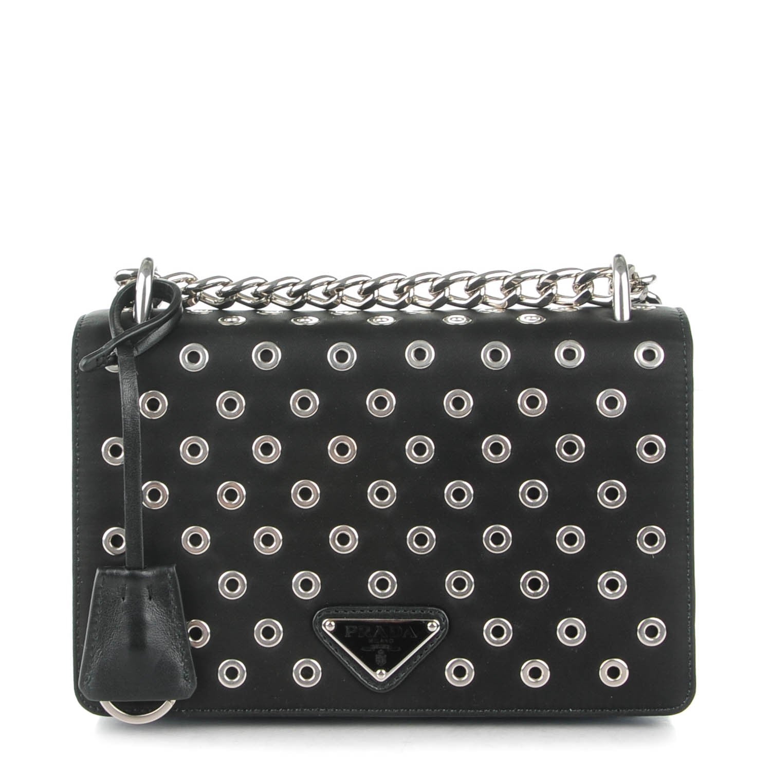 Prada Tessuto Nylon Soft Calf Grommet Chain Shoulder Bag Nero Black 1 of 7