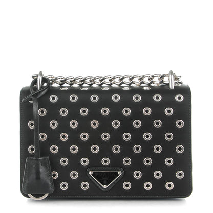 Prada Tessuto Nylon Soft Calf Grommet Chain Shoulder Bag Nero Black 1 of 7