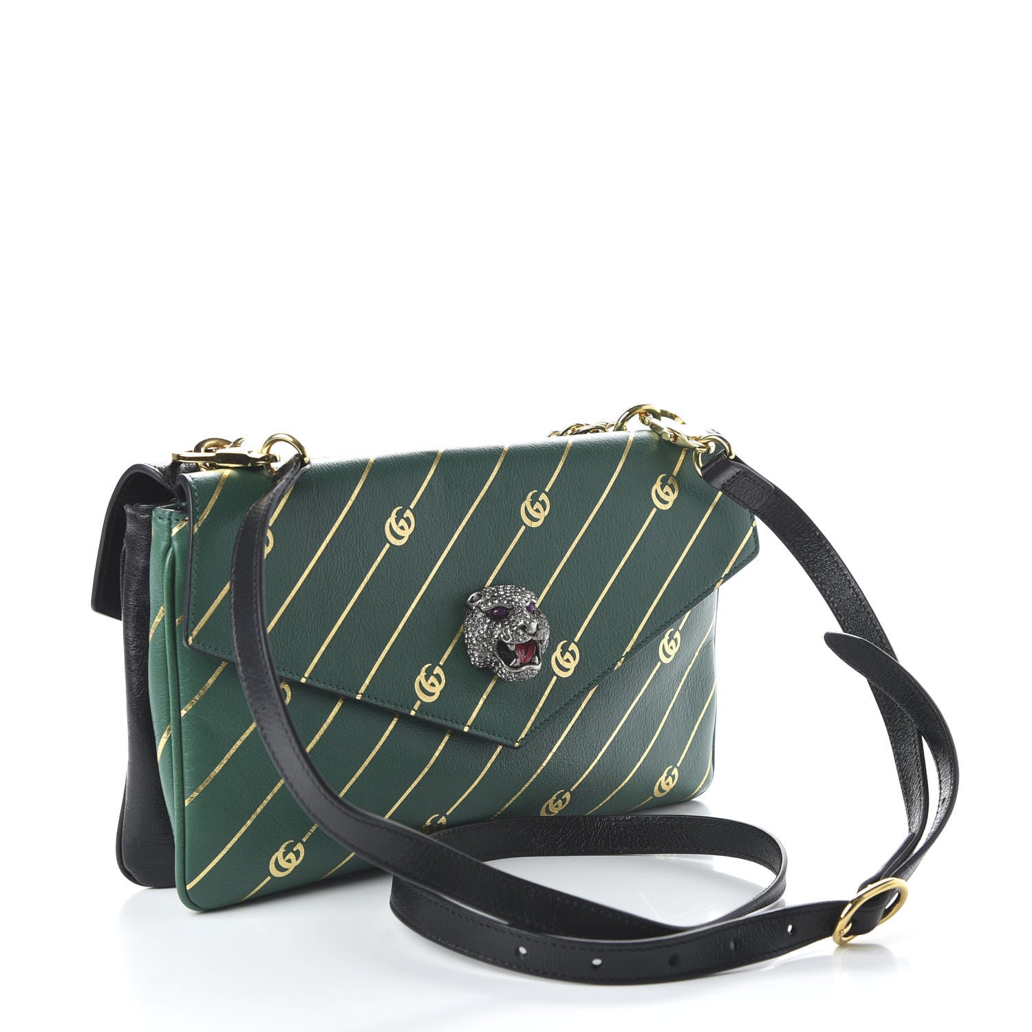 Gucci Calfskin Diagonal GG Medium Thiara Double Envelope Shoulder Bag Emerald Green Black 3 of 10