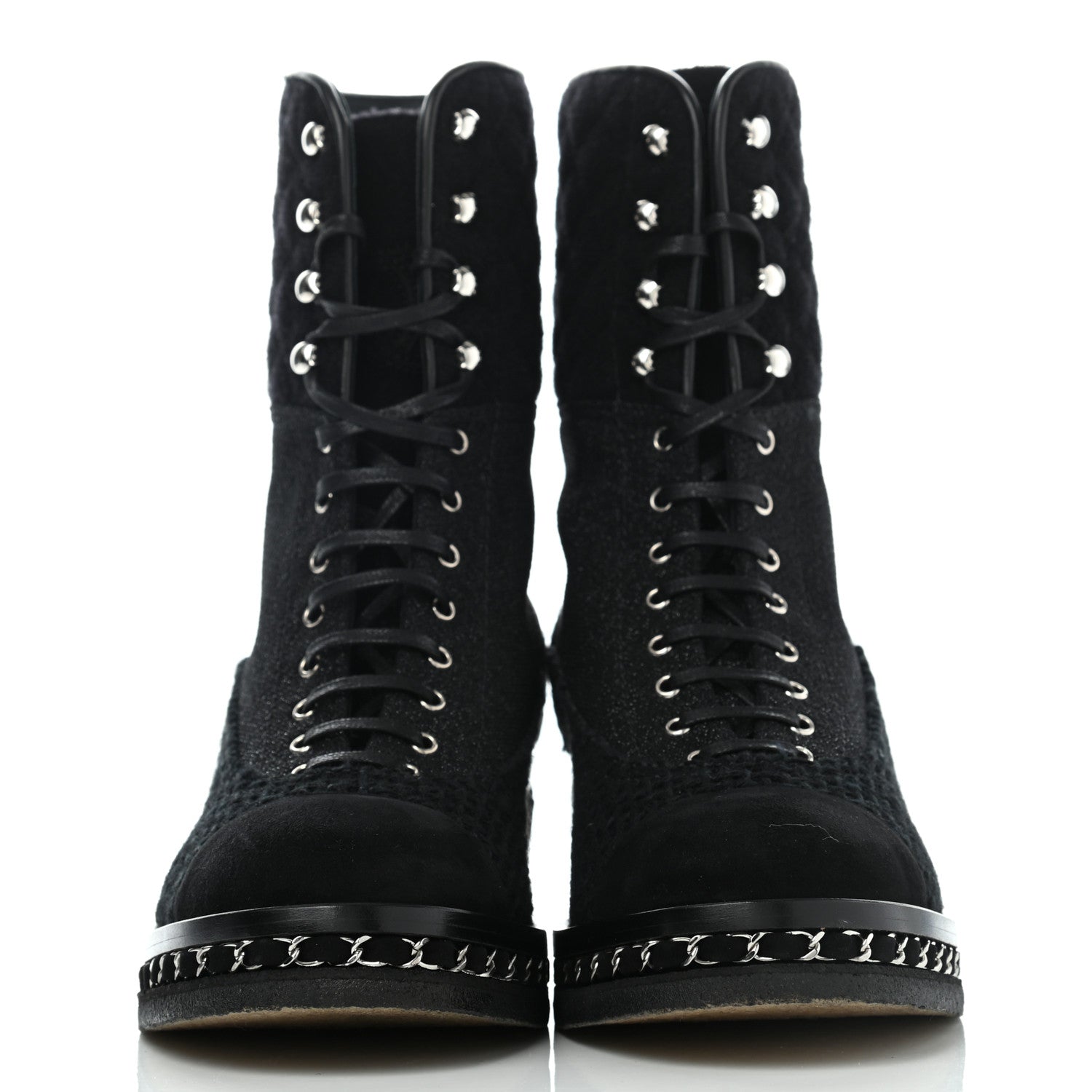 Chanel Tweed Suede Quilted Chain Short Boots 40 Black 2 of 8
