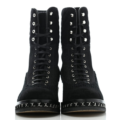 Chanel Tweed Suede Quilted Chain Short Boots 40 Black 2 of 8