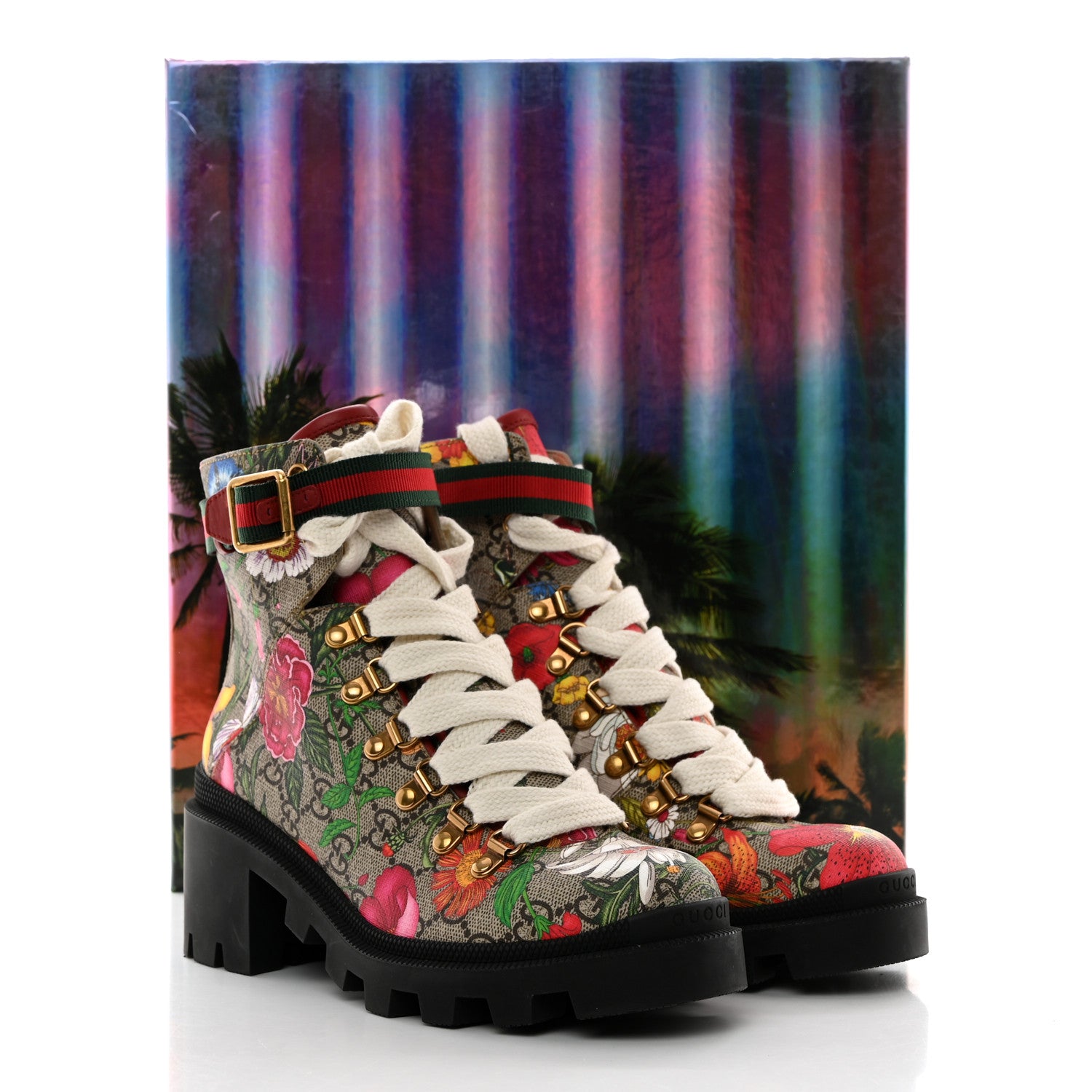 Gucci GG Supreme Monogram Flora Lace Up Combat Ankle Boots 37 Beige Multicolor Red 9 of 9