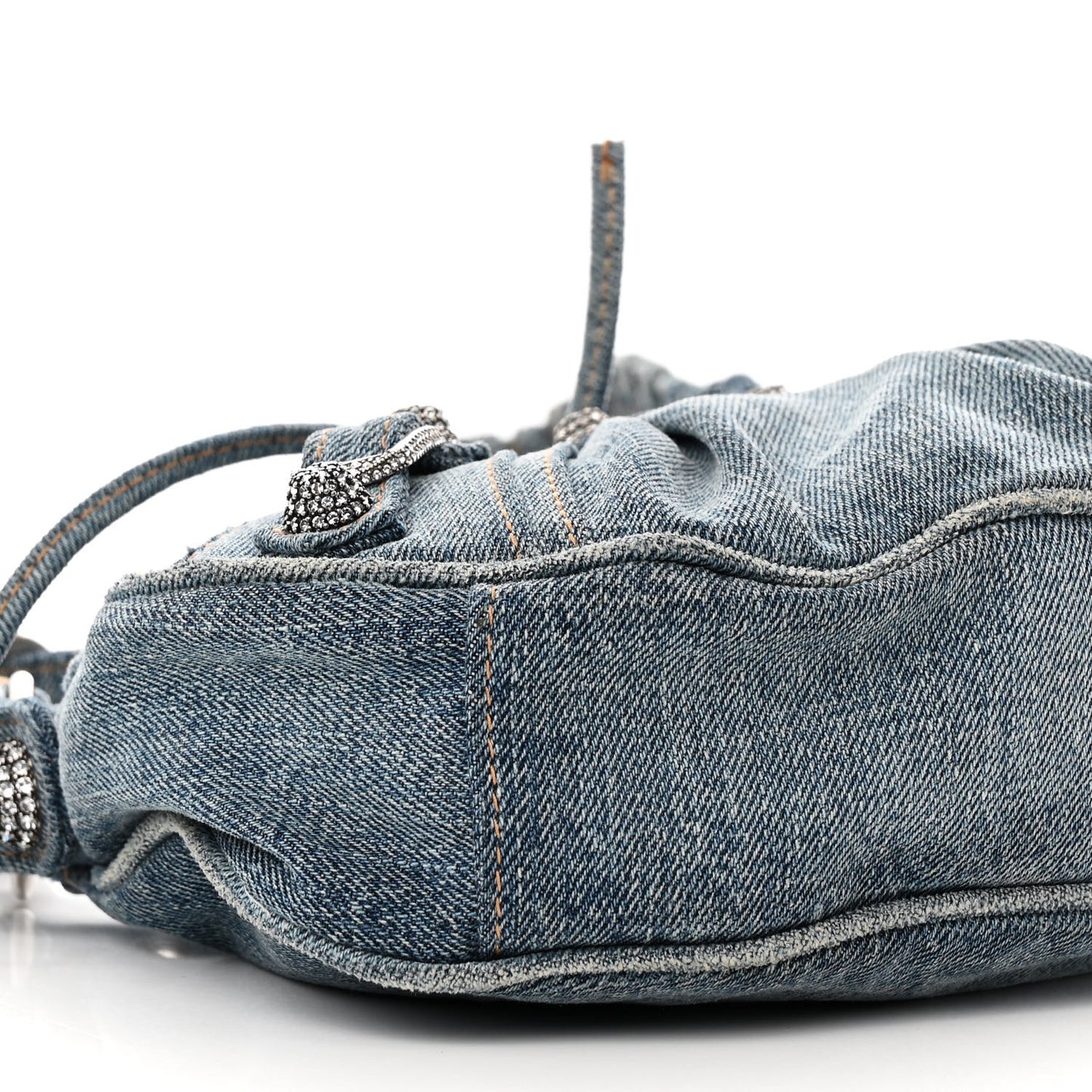 Washed Frayed Denim Crystal Le Cagole Shoulder Bag XS Blue