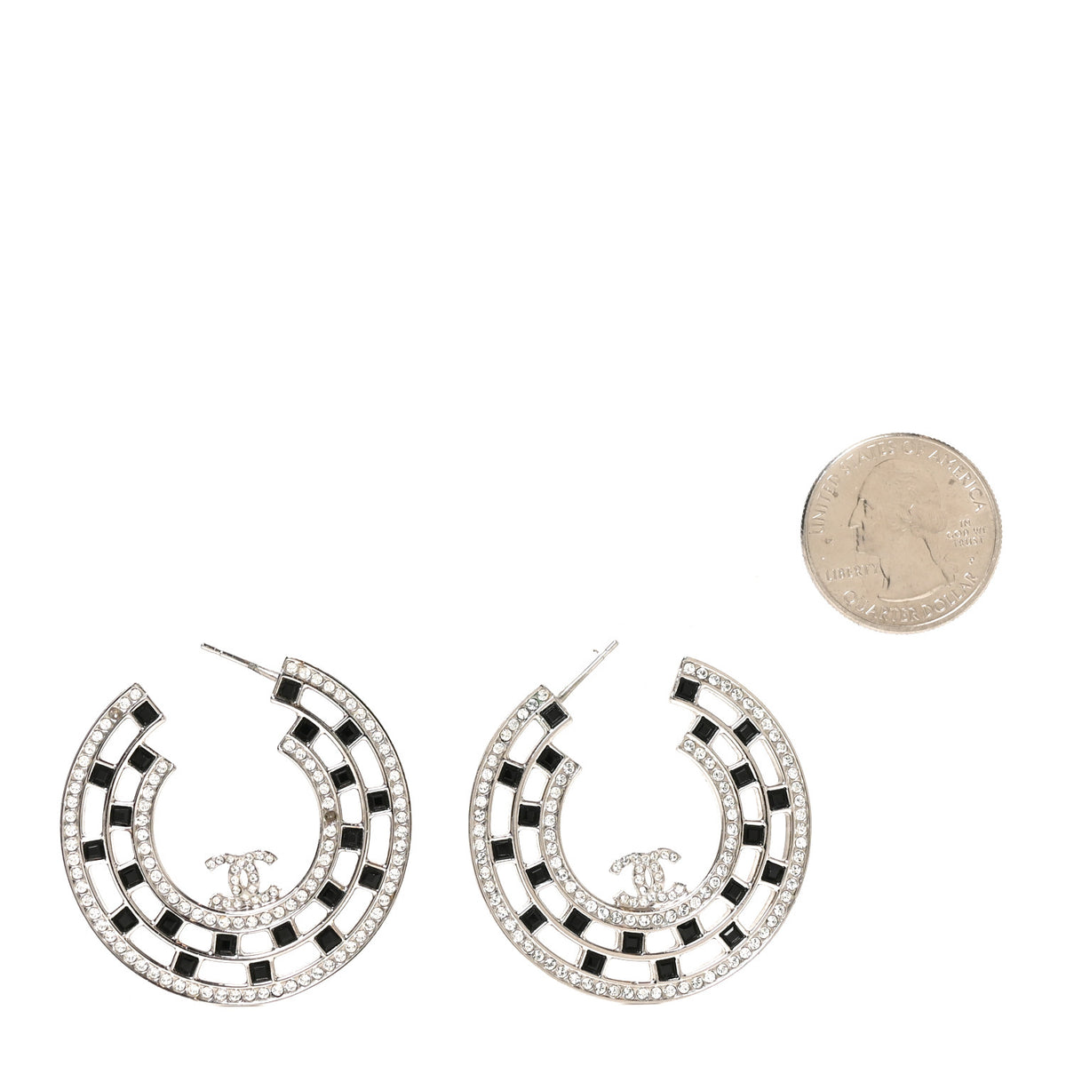 Chanel Baguette Crystal CC Hoop Earrings Silver Black 2 of 4