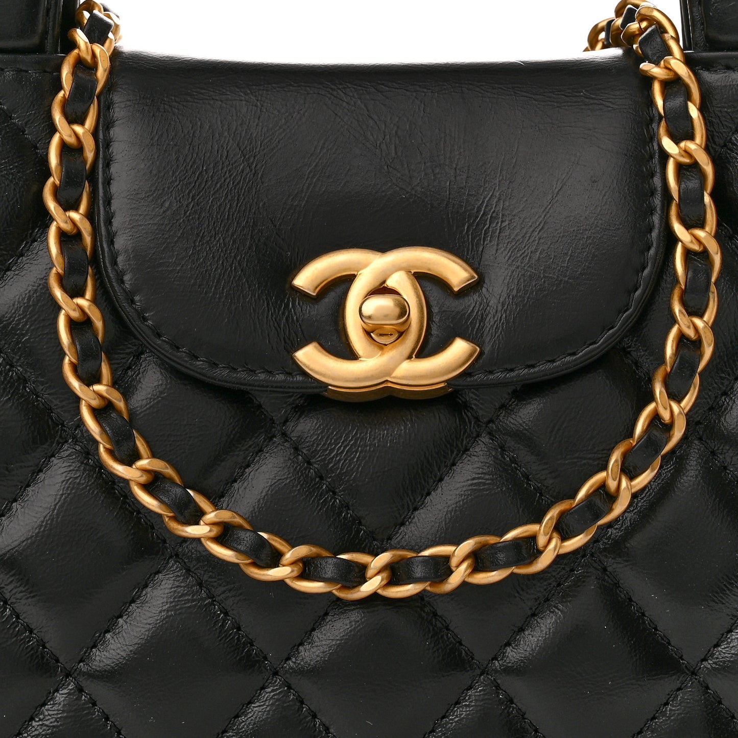 Shiny Aged Calfskin Quilted Nano Kelly Shopper Black