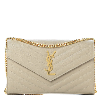 Saint Laurent Grain De Poudre Matelasse Chevron Monogram Chain Wallet Sea Salt 1 of 11