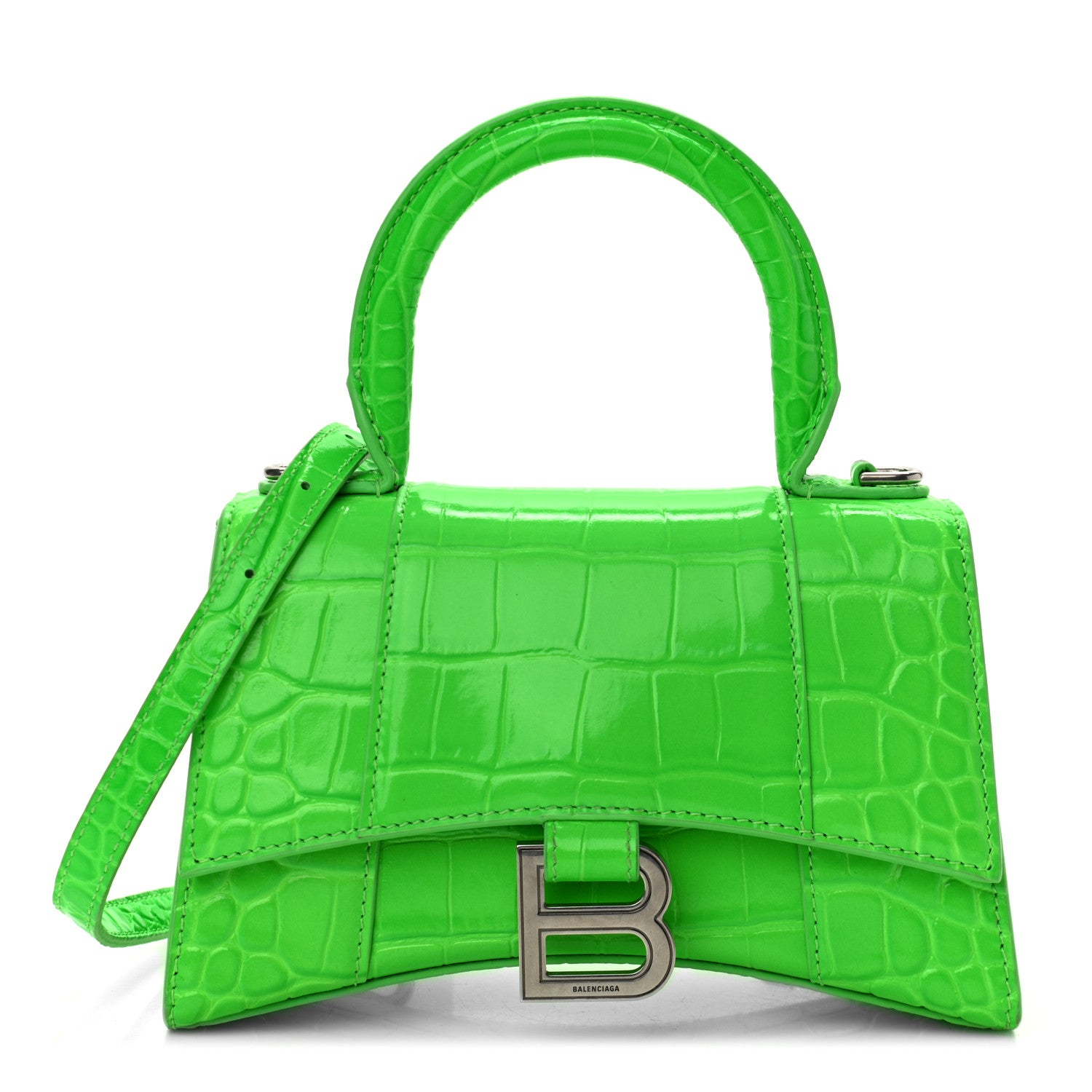 Balenciaga Shiny Calfskin Crocodile Embossed Hourglass Top Handle Bag XS Fluo Green 1 of 12