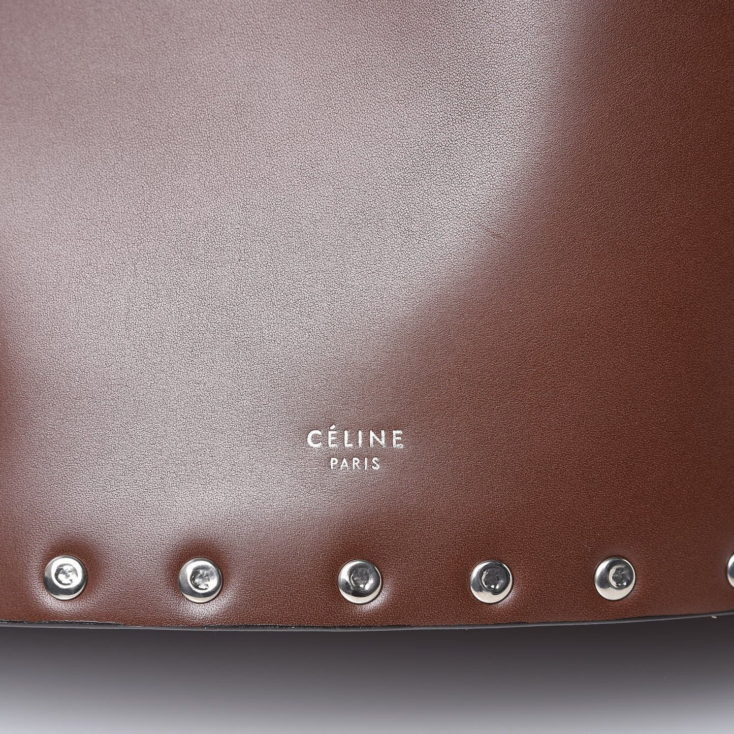 Satinated Natural Calfskin Large Studs Bucket Shoulder Bag Dark Brown