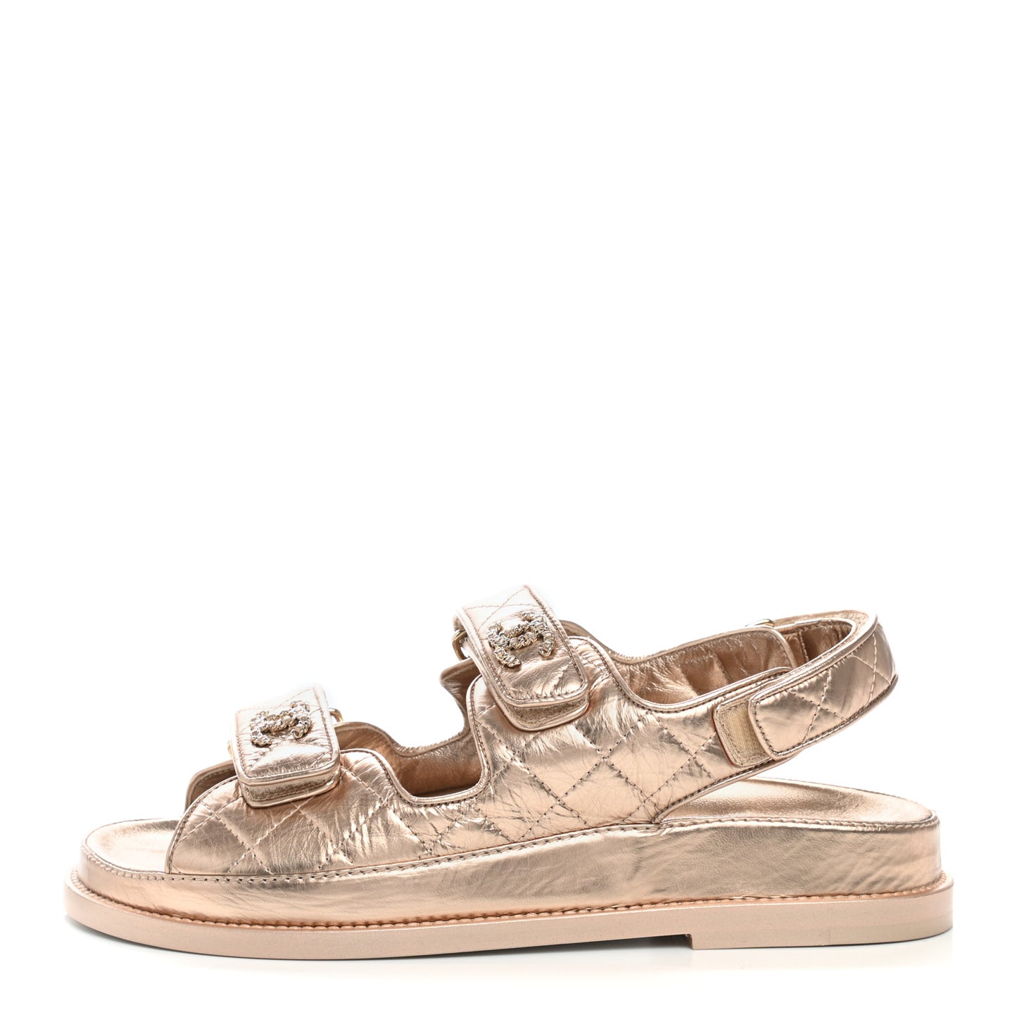 Iridescent Lambskin Quilted CC Dad Sandals 37 Light Bronze