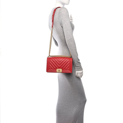 Chanel Caviar Chevron Quilted Medium Boy Flap Red 2 of 10