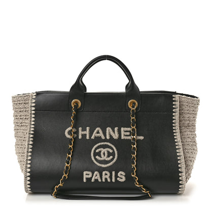 Chanel Calfskin Knit Medium Deauville Tote Black Grey 1 of 10