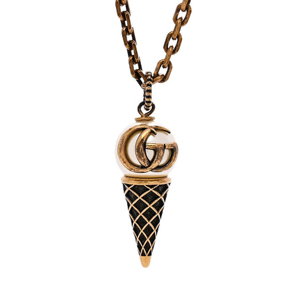 Gucci Metal Pearl Double G Ice Cream Pendant Necklace Aged Gold 4 of 5