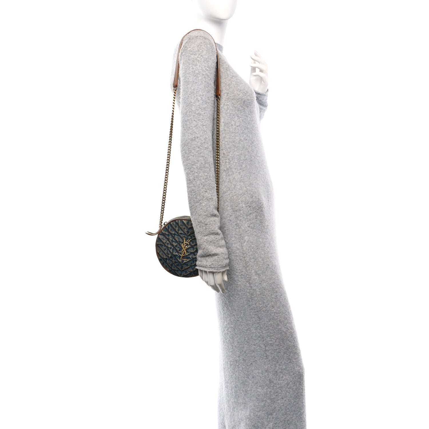 Saint Laurent Denim Matelasse Chevron Quilted Round Vinyle Camera Bag Rodeo Blue Cinnamon 2 of 10