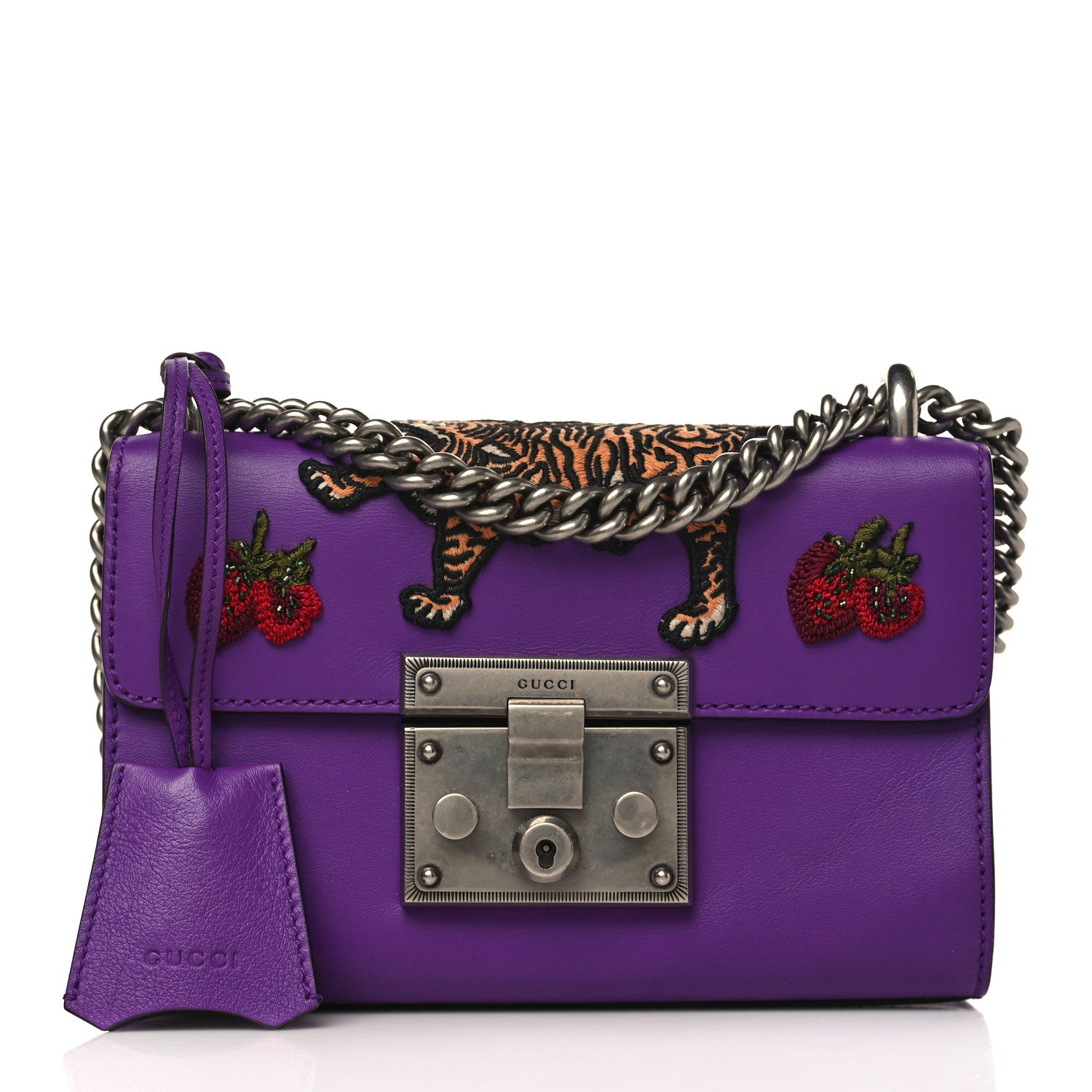 Gucci Calfskin Embroidered Tiger Strawberry Small Padlock Shoulder Bag Purple 1 of 9