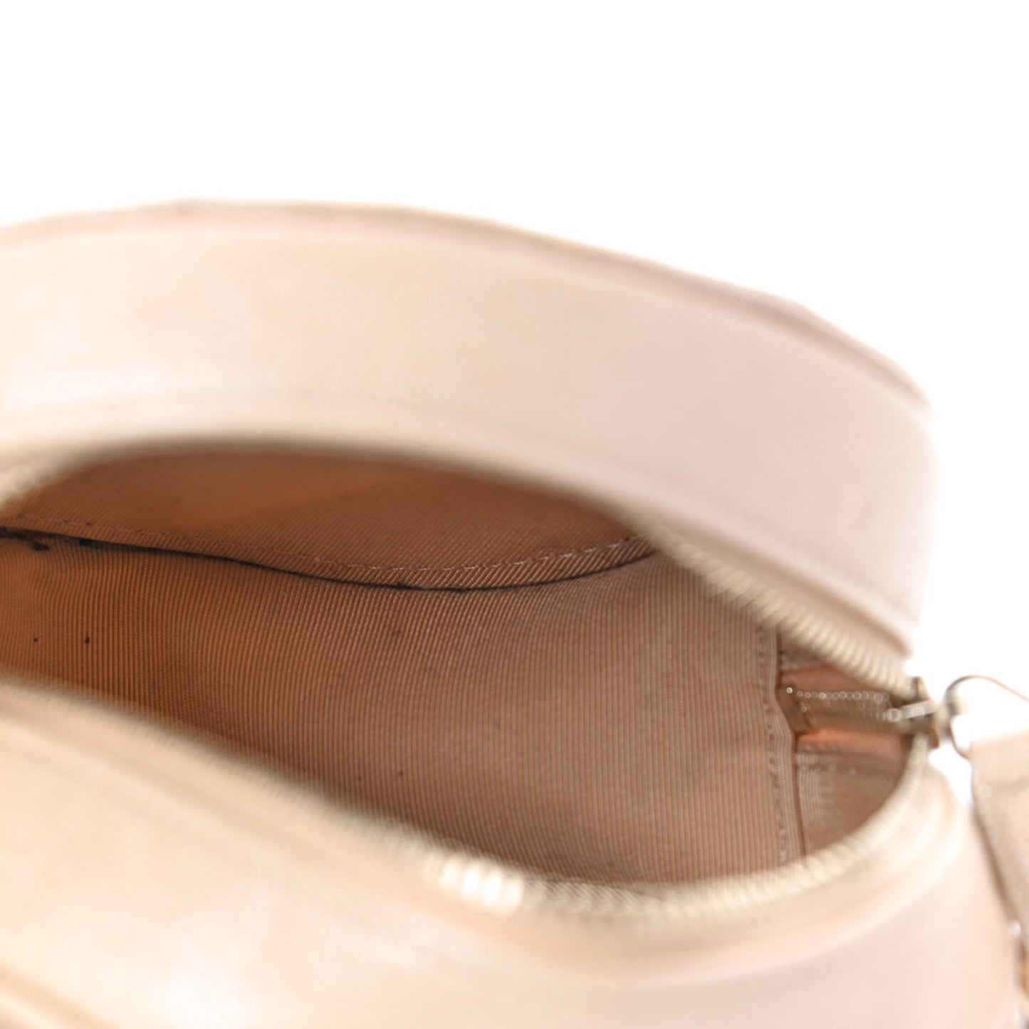 Iridescent Caviar Quilted Round Clutch With Chain Beige