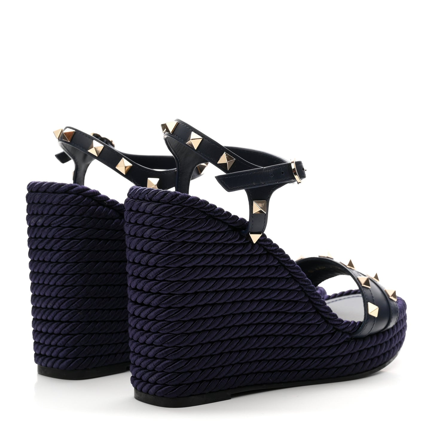 Calfskin Rockstud Ankle Strap Torchon Espadrille Caged 25/95mm Wedge Sandals 38 Blue