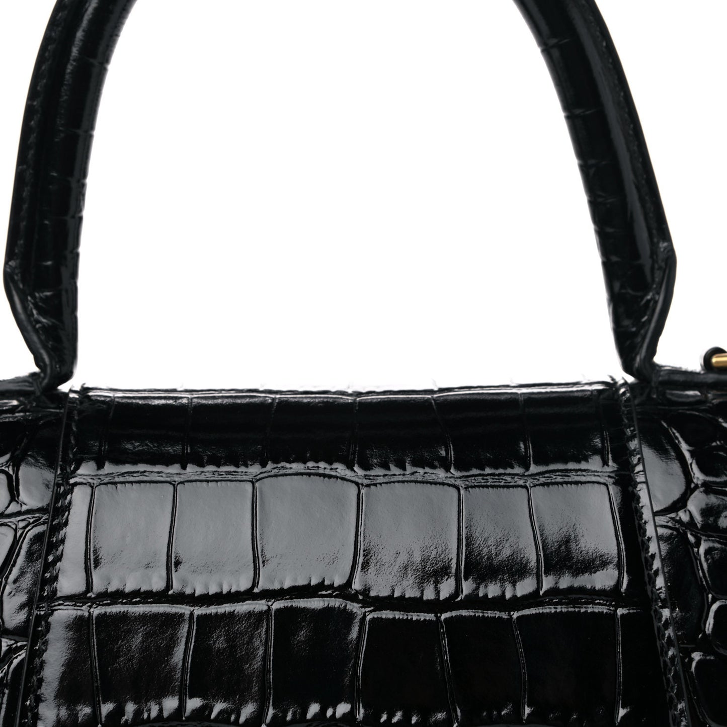 Shiny Calfskin Crocodile Embossed Small Hourglass Top Handle Bag Black