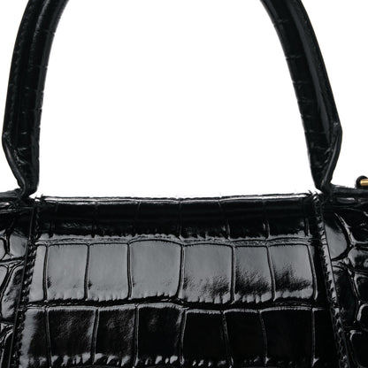 Balenciaga Shiny Calfskin Crocodile Embossed Small Hourglass Top Handle Bag Black 7 of 14