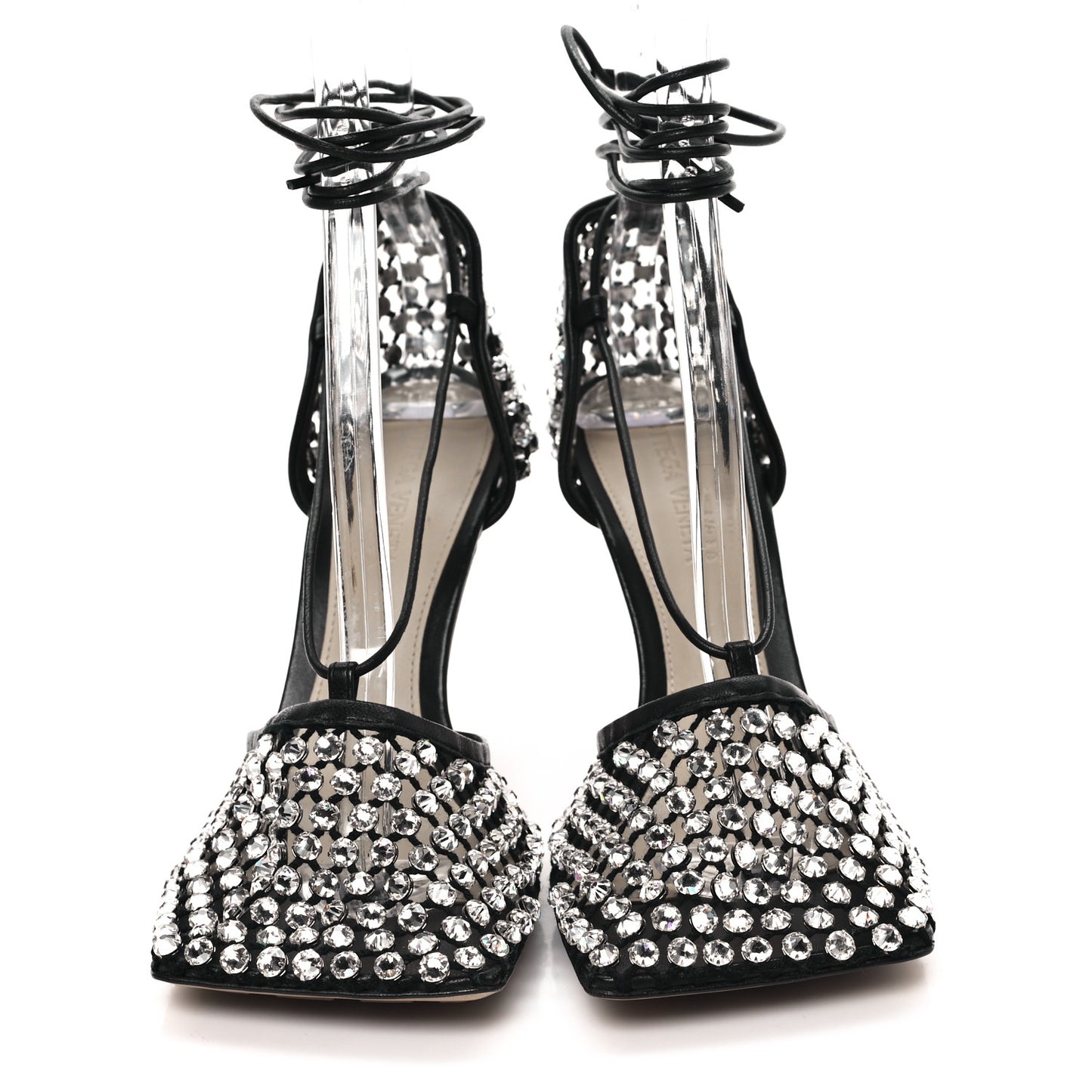 Mesh Nappa Crystal Embellished Sparkle Stretch Ankle Tie Sandals 37.5 Black