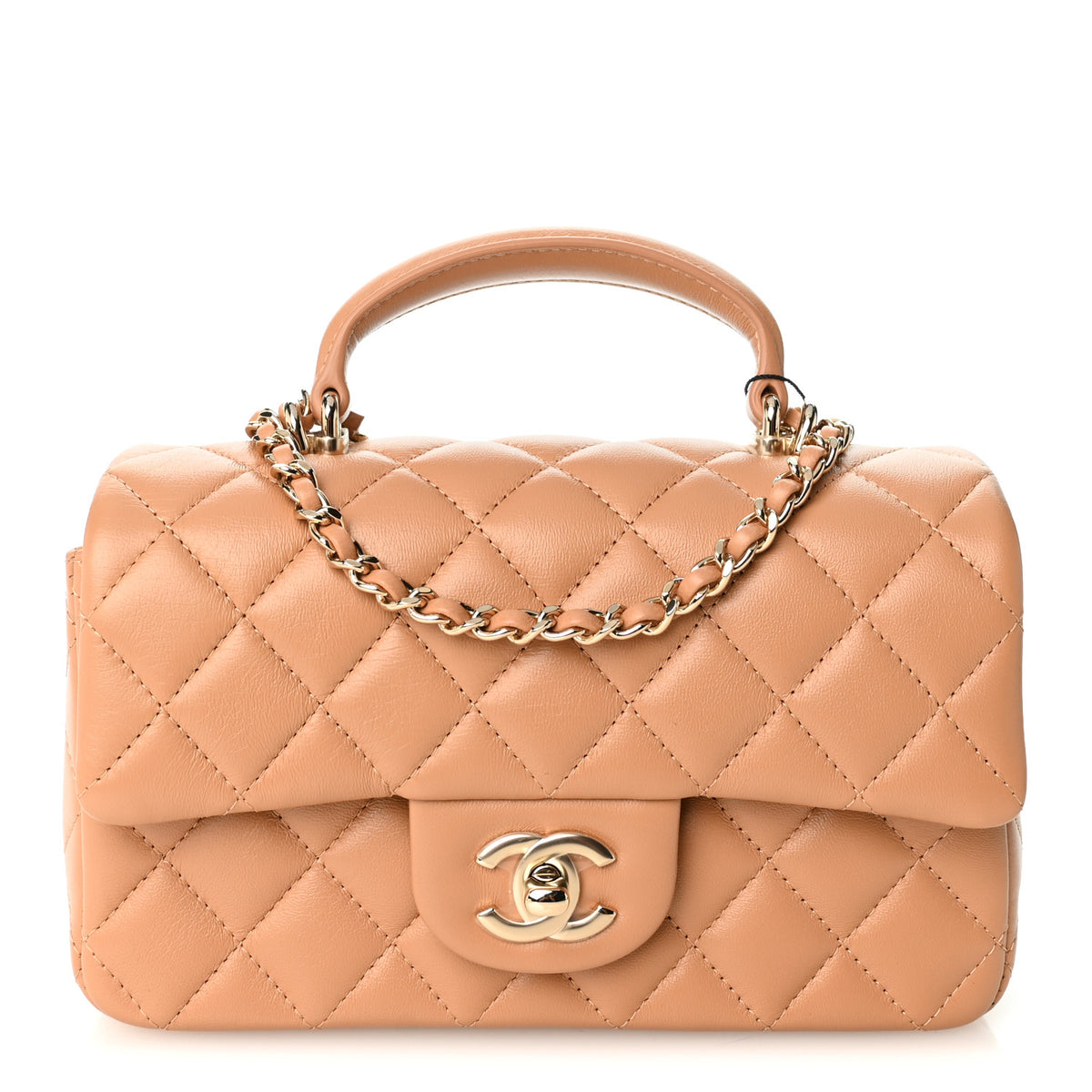 Lambskin Quilted Mini Top Handle Rectangular Flap Dark Beige