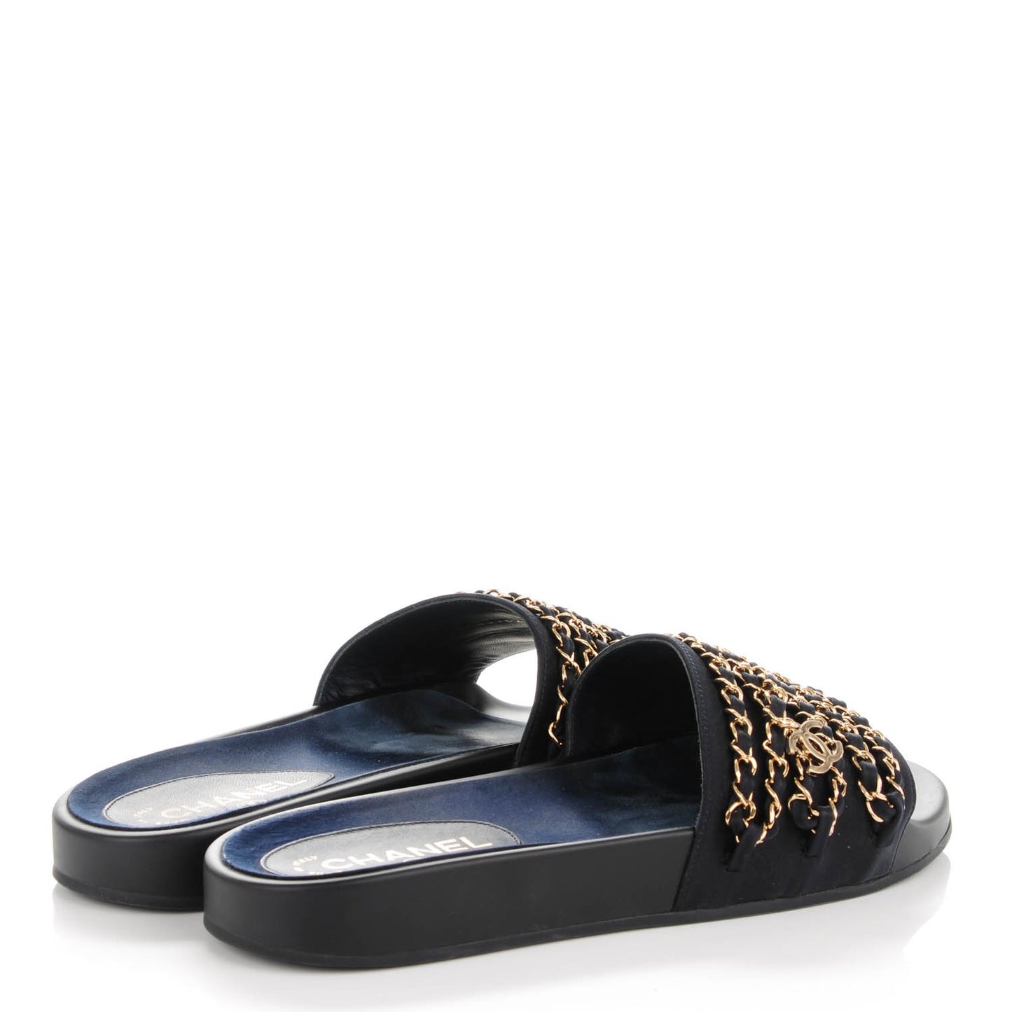 Lambskin Canvas Chain Flat Sandals 40 Navy