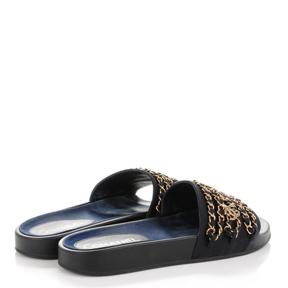 Chanel Lambskin Canvas Chain Flat Sandals 40 Navy 4 of 8