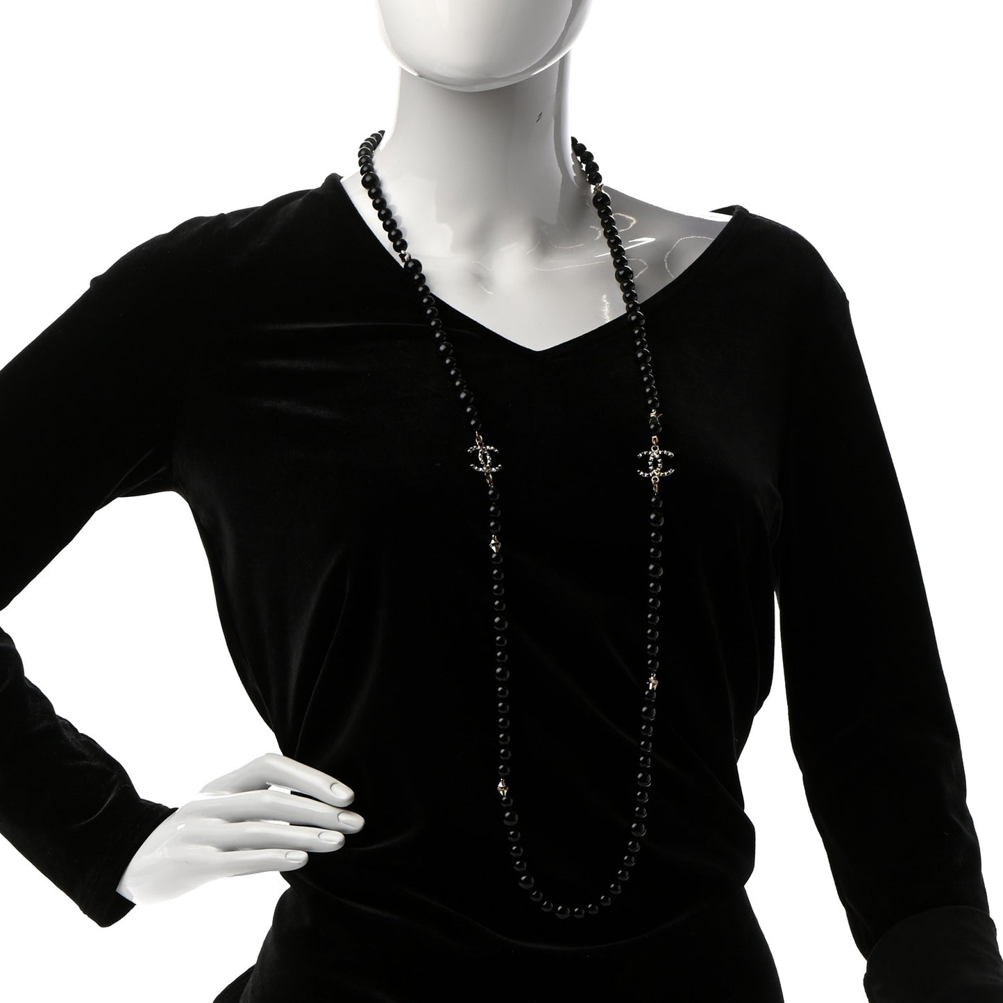 Ruthenium Crystal Baguette Pearl Beaded CC Long Necklace Black