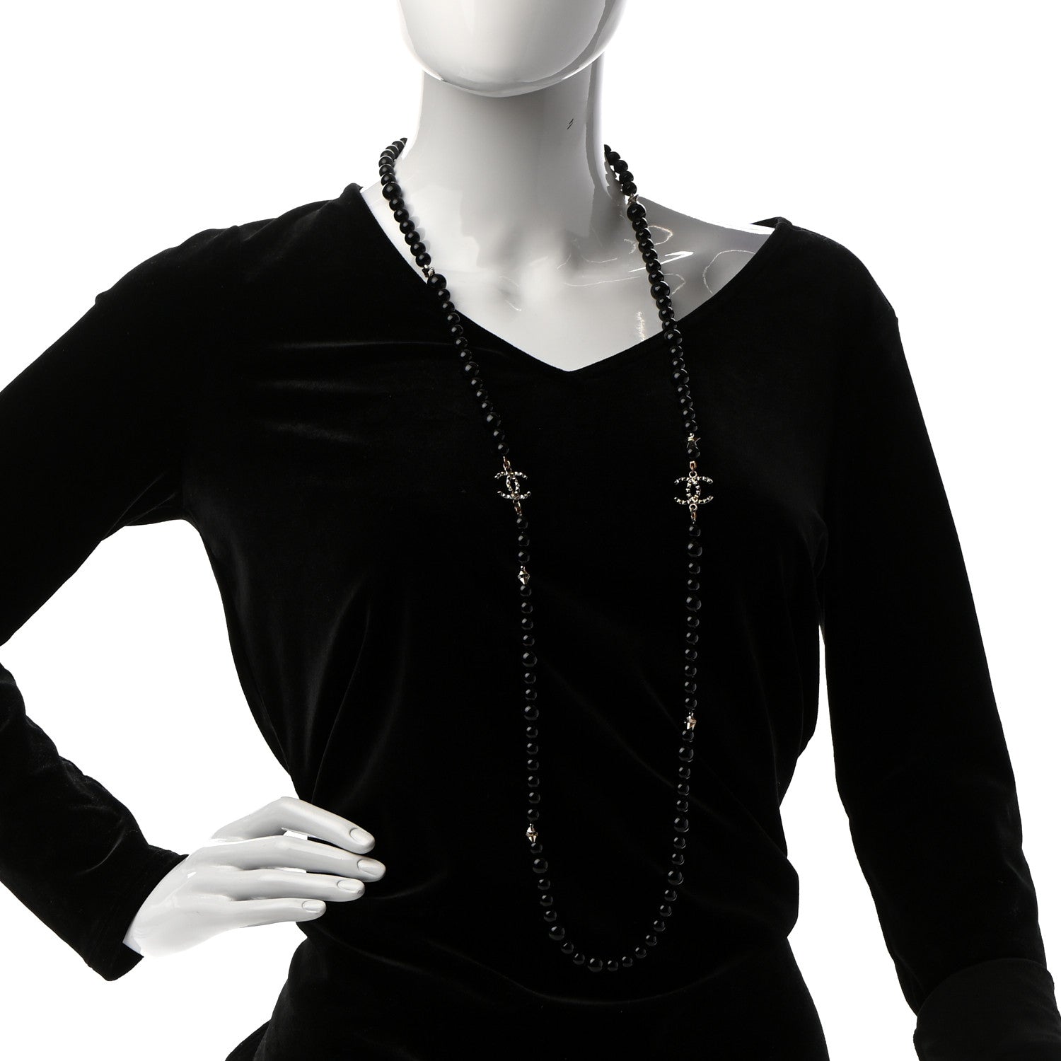 Chanel Ruthenium Crystal Baguette Pearl Beaded CC Long Necklace Black 2 of 5