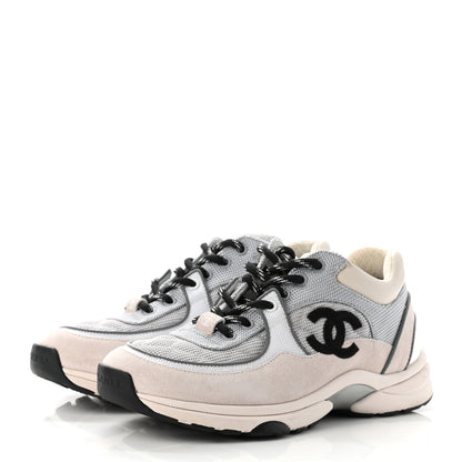 Chanel Nylon Calfskin Suede Womens CC Sneakers 37 Grey White Pink 3 of 11