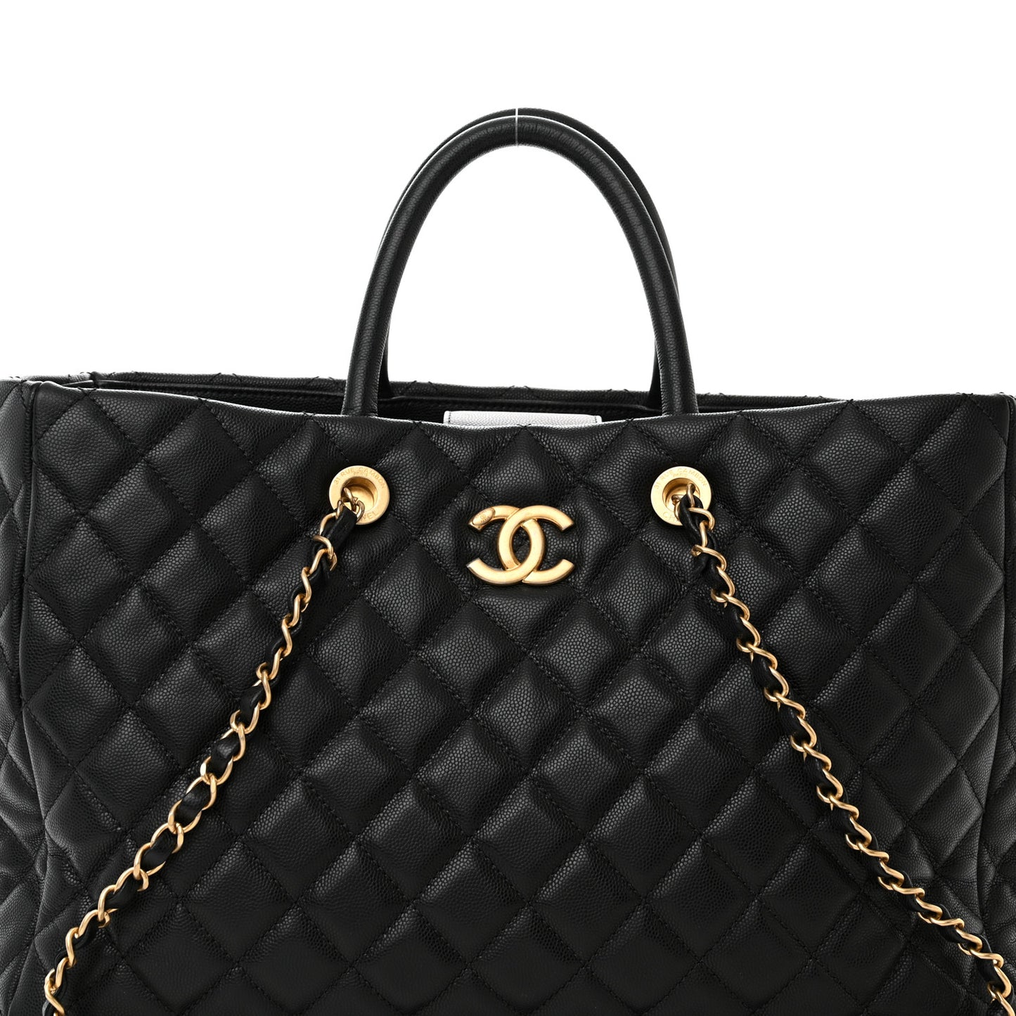 Caviar Quilted Large Coco Handle Shopping Tote Black