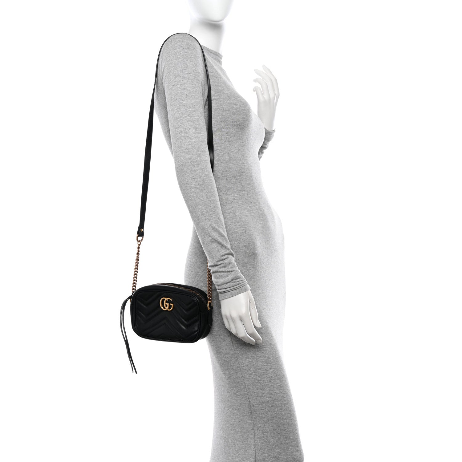 Gucci Calfskin Matelasse Mini GG Marmont Chain Shoulder Bag Black 2 of 11