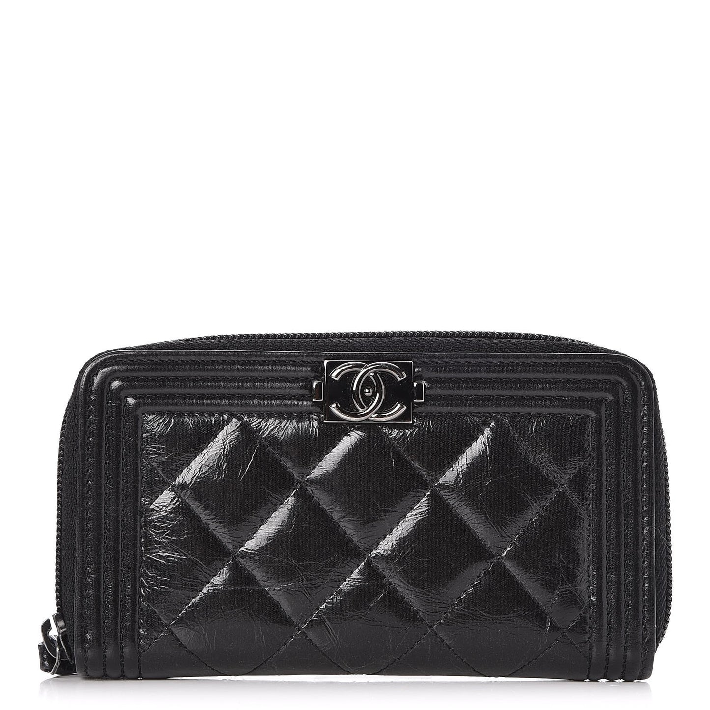 Distressed Patent Quilted Small Boy Zip Around Wallet Black