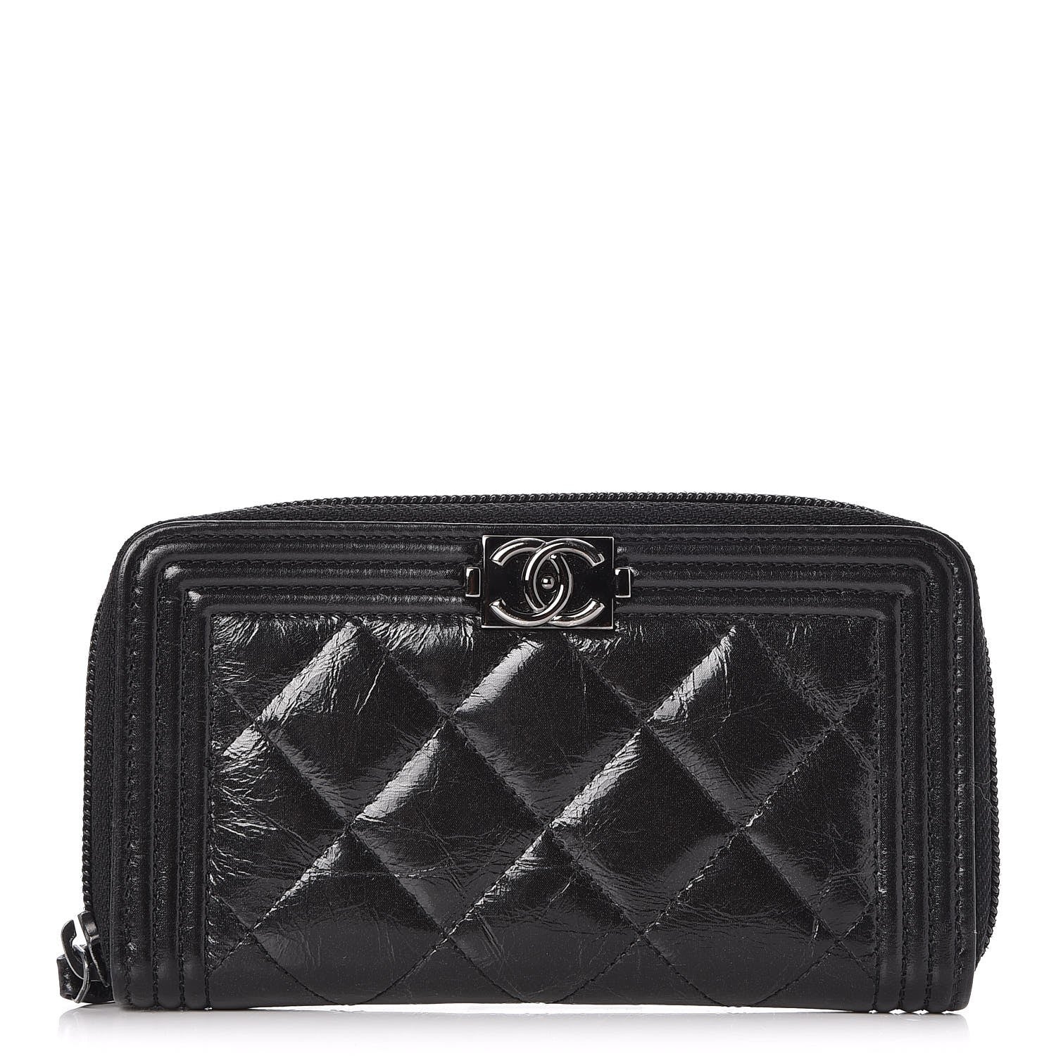 Chanel Distressed Patent Quilted Small Boy Zip Around Wallet Black 1 of 8