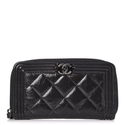 Chanel Distressed Patent Quilted Small Boy Zip Around Wallet Black 1 of 8