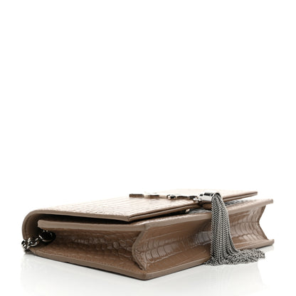 Saint Laurent Calfskin Crocodile Embossed Kate Monogram Tassel Chain Wallet  Dark Beige 4 of 10